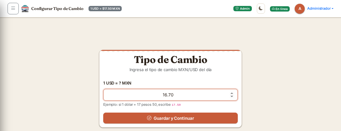 Pantalla de MJRPos para registrar el tipo de cambio del día