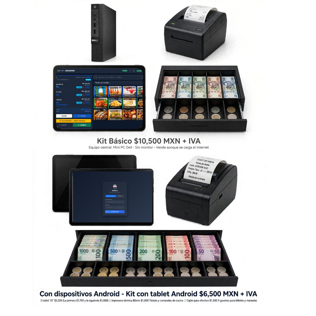 Kit MJRPos: equipo central, impresora térmica 80 mm, tablet y cajón de efectivo